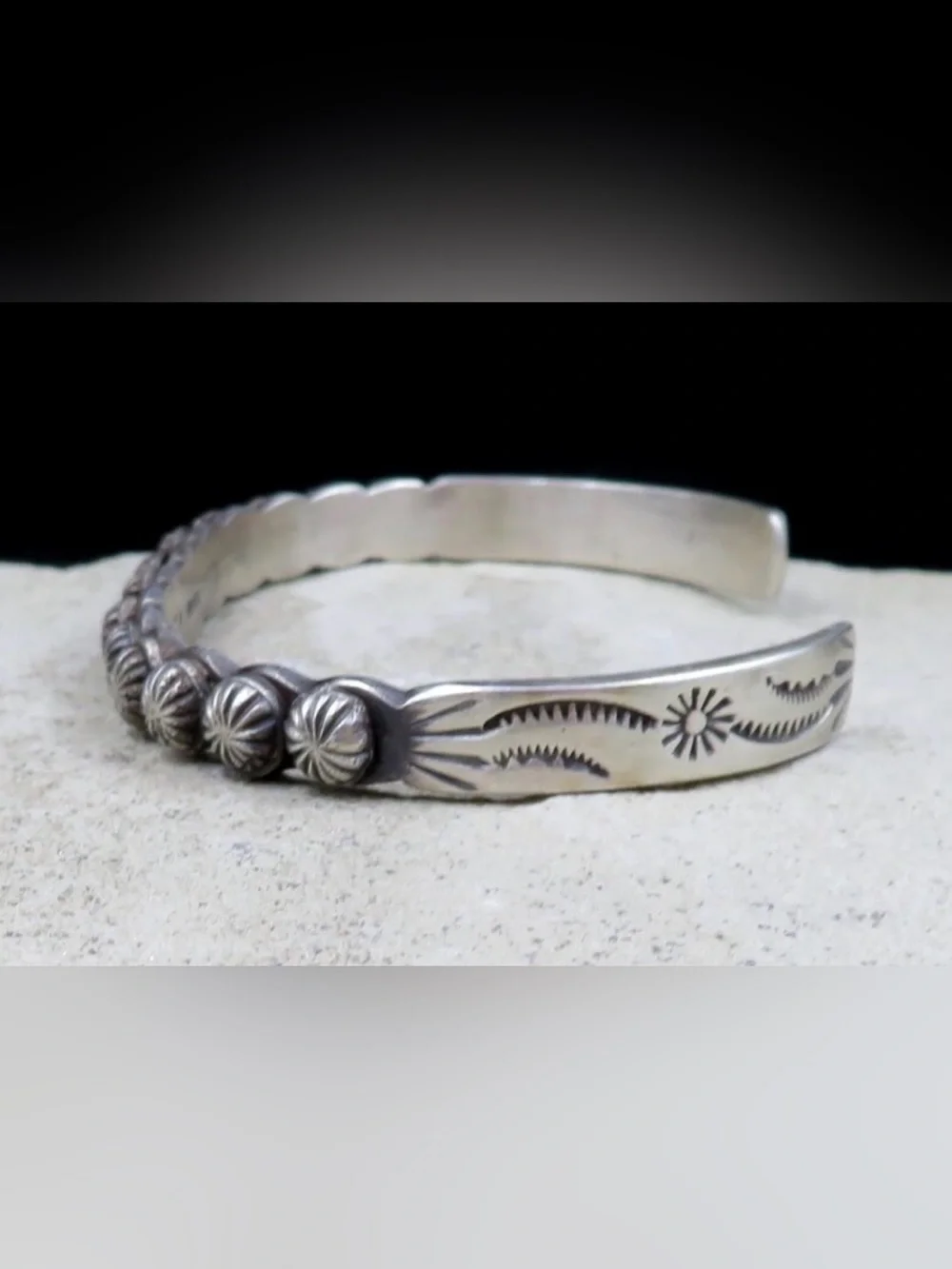 Navajo Martha Cayatenito Narrow Sterling Silver Starburst Button Cuff Bracelet - Picture 5 of 5
